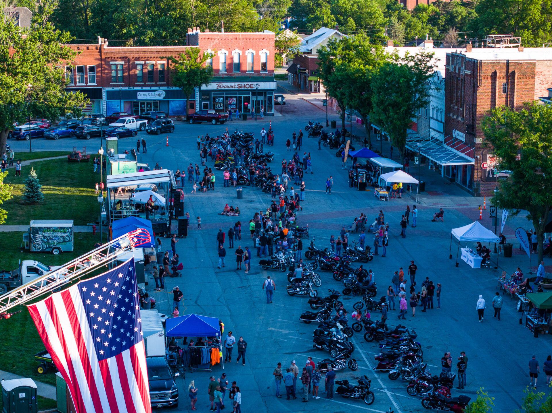 Bike Night on the Centerville Square. Aerial Shot of bikes attending event 