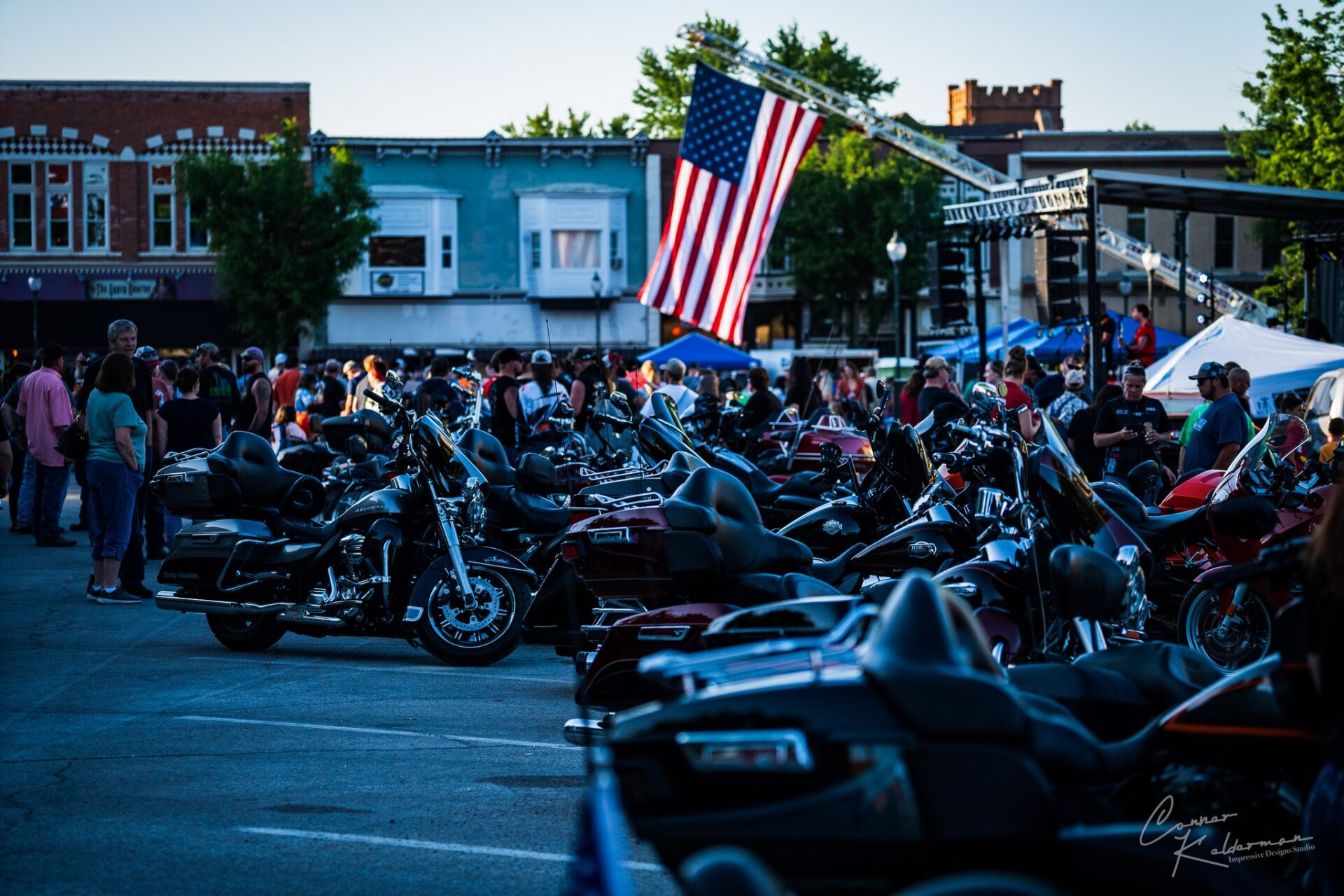 Centerville Bike Night, photo of square with motorcycles during the event